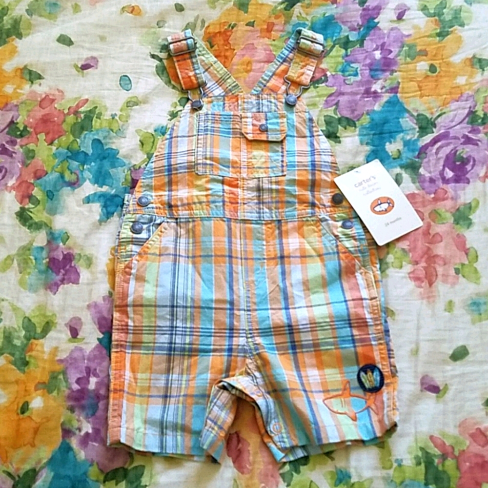 NWT Vintage Carter's Orange/blue plaid shark overalls. Baby's size 24 months.